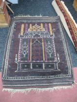 Middle Eastern Wool Tassled Rug, with temple and minaret design in maroon, red and beige, 136 x