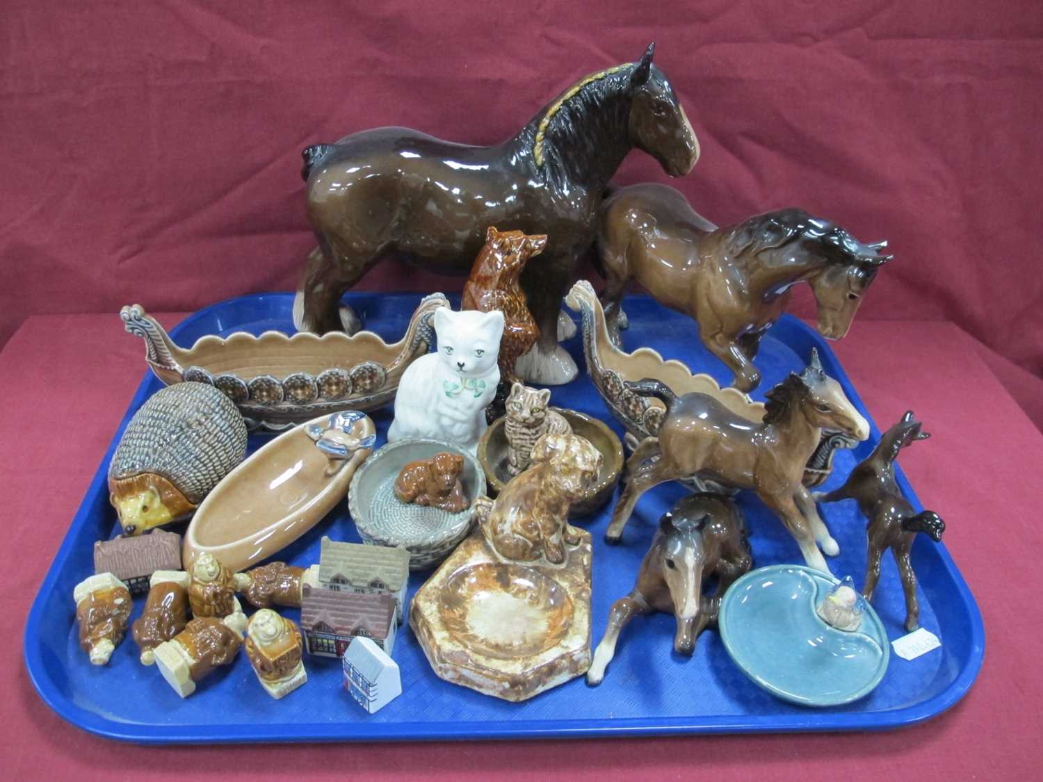 Belleek Cat, stoneware puppy ashtray, Wade, Beswick damaged horses:- One Tray.