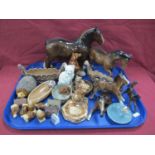 Belleek Cat, stoneware puppy ashtray, Wade, Beswick damaged horses:- One Tray.