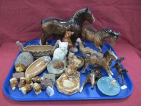 Belleek Cat, stoneware puppy ashtray, Wade, Beswick damaged horses:- One Tray.