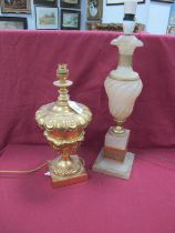 Gilt Metal Table Lamp, as a campagna urn with acanthus leaf decoration. Alabaster table lamp with