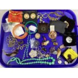 Polished Bead Necklace, vintage and other brooches, bangles, shell inset brooch, etc :- One Tray
