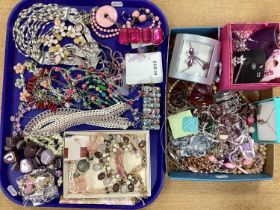 A Quantity of Costume Jewellery, in hues of pink and purple, to include beaded necklaces, enamel