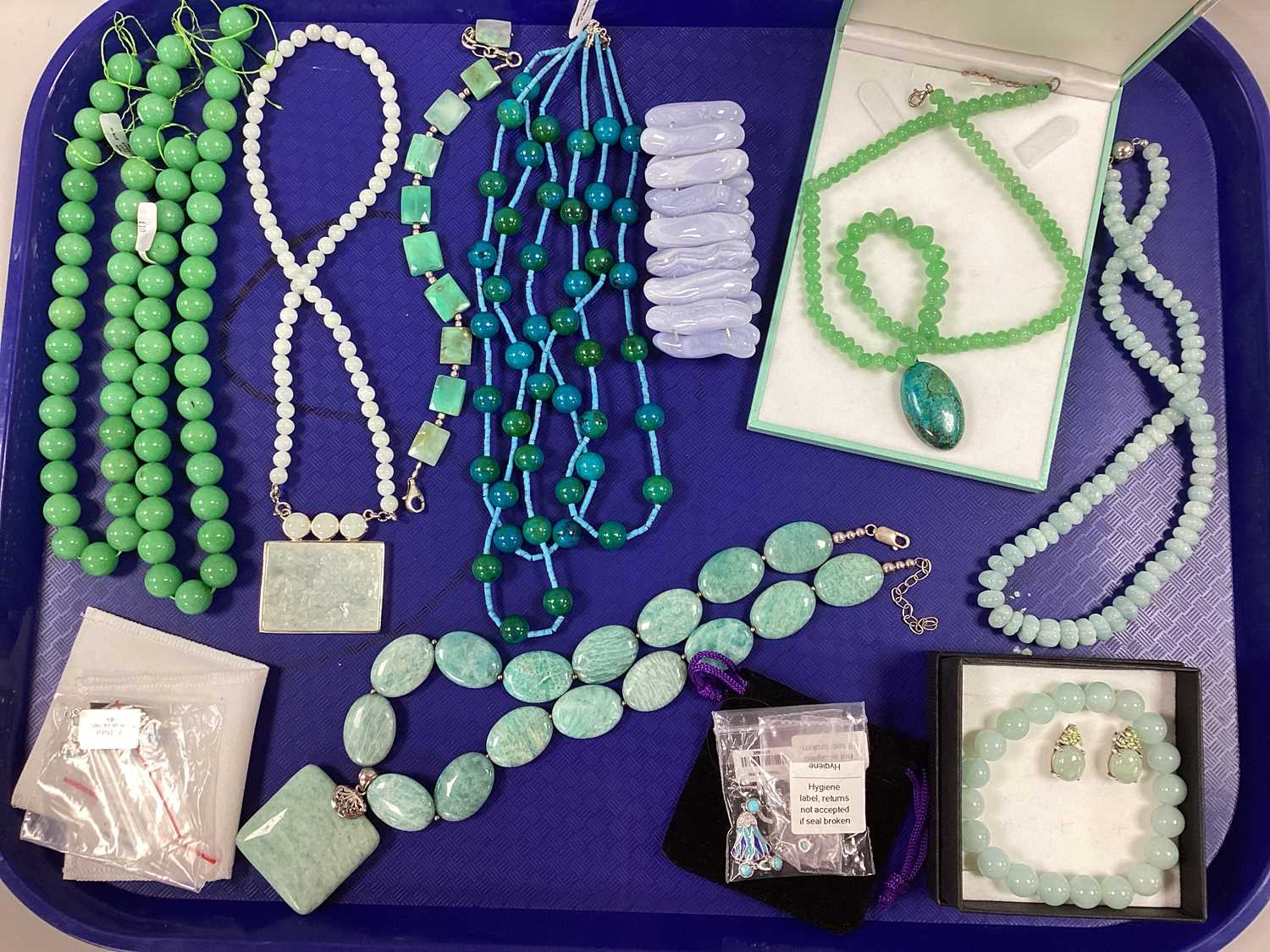 Modern Polished Bead Necklaces, "925 China" jade panel necklace, oval cabochon earrings etc :- One