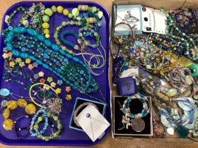 A Quantity of Costume Jewellery, in hues of blue and green, to include statement beaded necklace,