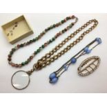 Vintage Graduated Curb Link Chain, vintage magnifying glass, gilt metal paste buckle, vintage bead