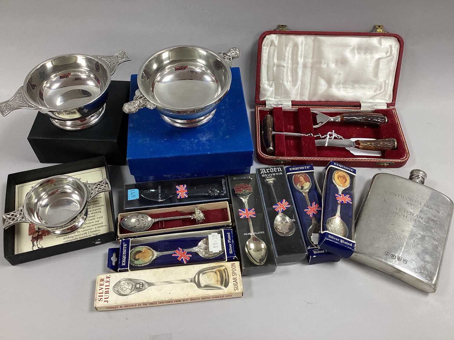 A Pewter Quaich, boxed, together with further examples, a pewter hipflask "Wentworth Shop 1997