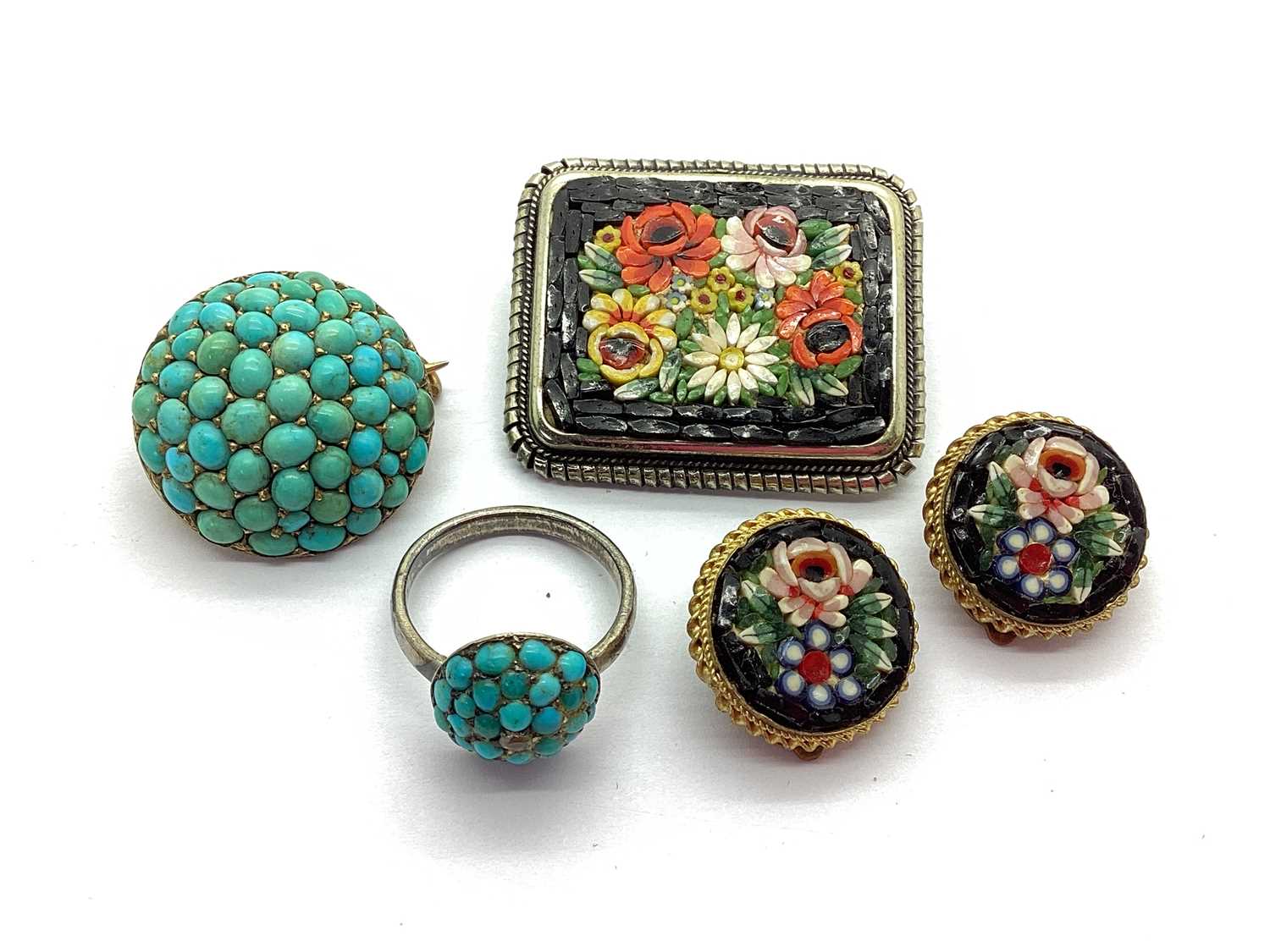 A Vintage Turquoise Set Ring, together with an antique turquoise set circular brooch; a