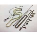 A Lotus Imitation Pearl Bead Necklace, to stone set fancy clasp stamped "BRITISH 925", together with