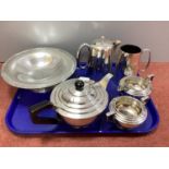 A James Dixon & Sons Art Deco Style Three Piece Plated Tea Set, together with a plated footed