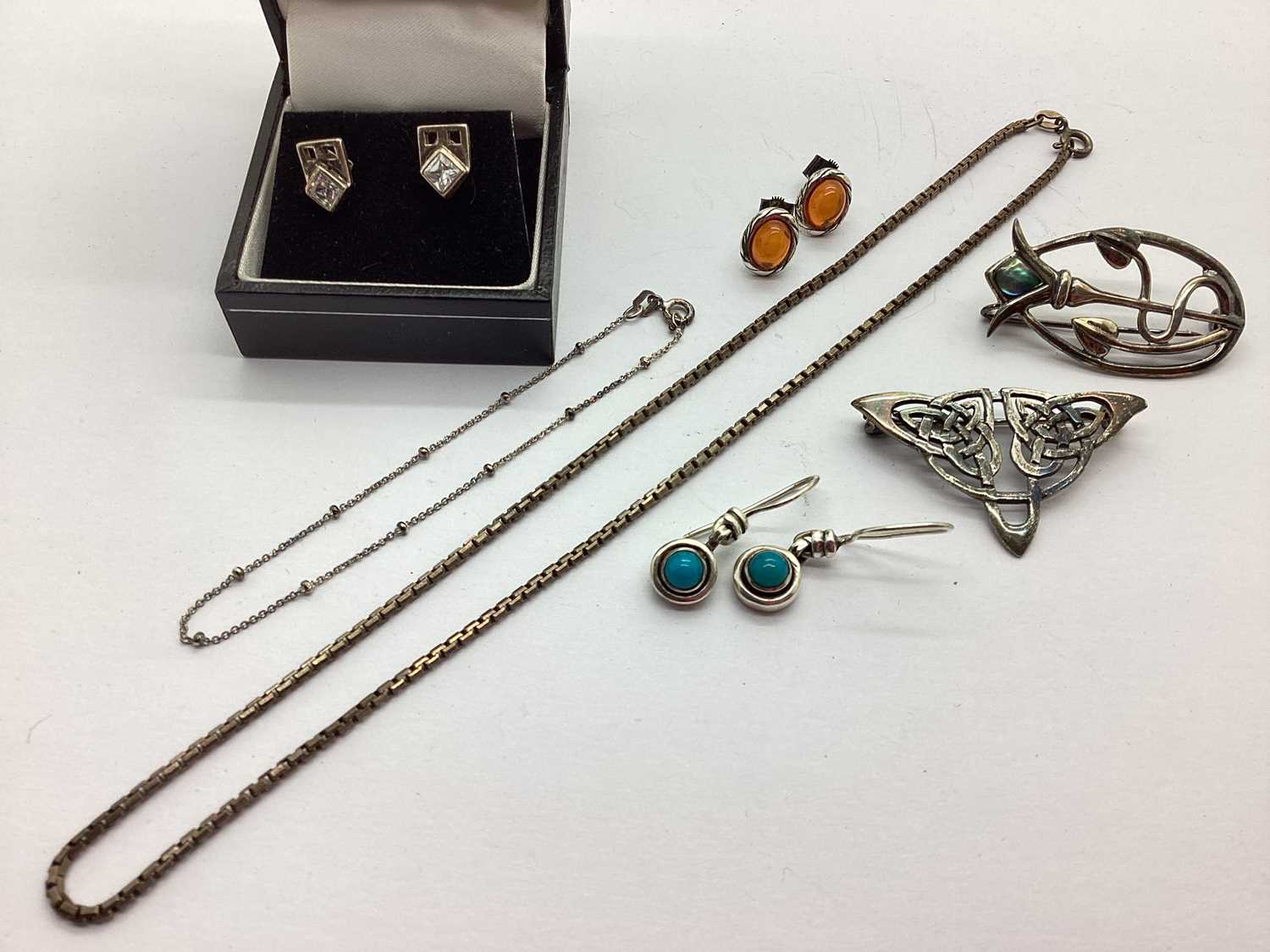 A Collection of Jewellery, Stamped "925", to include a Celtic knot style brooch, with another brooch