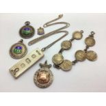 A Hallmarked Silver Ingot Pendant, hallmarked silver medallion pendants, vintage coin bracelet.
