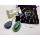 A Hallmarked Silver Malachite Inset Pendant, to traditional style framing, suspended by a "925" TGGC