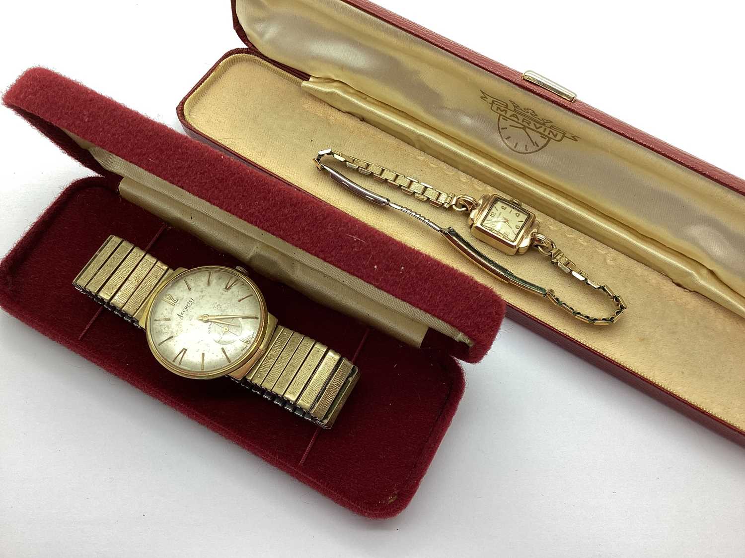 Marvin; A 9ct Gold Cased Ladies Wristwatch, the signed rectangular dial with arabic numerals and