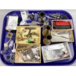 Scissors, glass stoppers, folding pocket knife, button hook, chains, etc :- One Tray