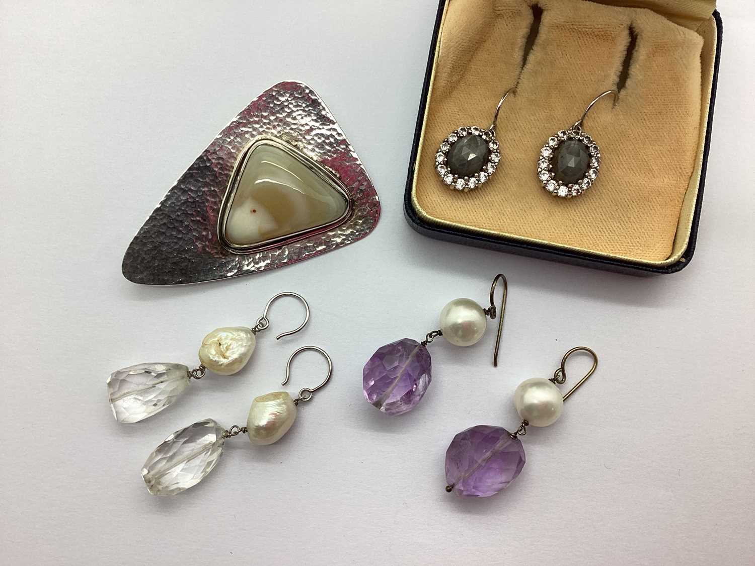 Two Pairs of Pearl Drop Earrings, (one pair of hook fittings stamped "S925"); oval cluster drop