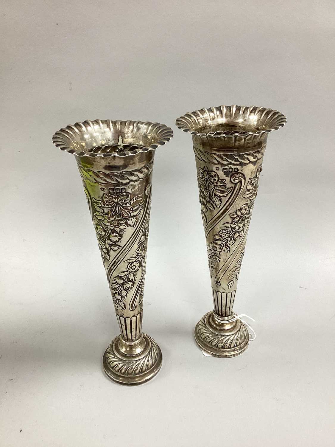 A Matched Pair of Late Victorian Hallmarked Silver Spill Vases, William Comyns, London 1897, 1898,