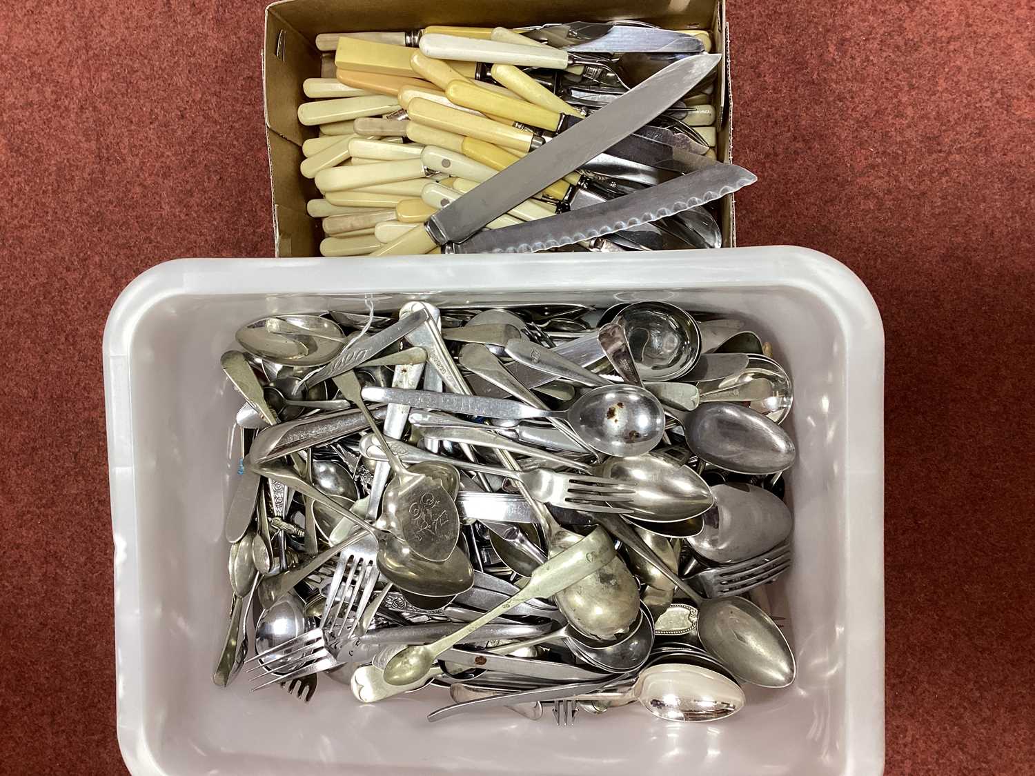 A Large Mixed Lot of Assorted Plated and Stainless Steel Cutlery, ivorine handled etc :- Two Boxes