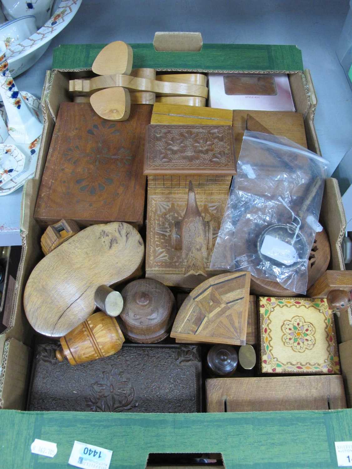 Treen and Wooden Wares, including novelty cigarette box, Indian box, watch holder, silver tea