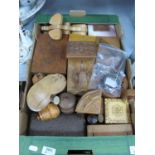 Treen and Wooden Wares, including novelty cigarette box, Indian box, watch holder, silver tea