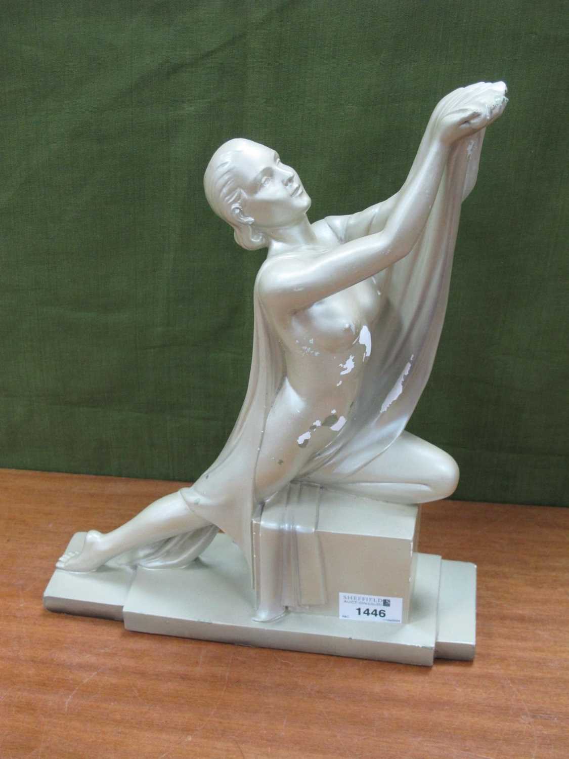 Art Deco Painted Plaster Figure of Scantily Clad Female, her left knee on block and arms in offering