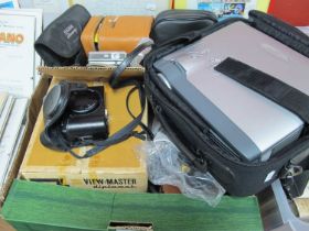 Sony Cybershot and Digital Camera, Kodak EK 160-EF, Halina binoculars, viewmaster, etc:- One Box.