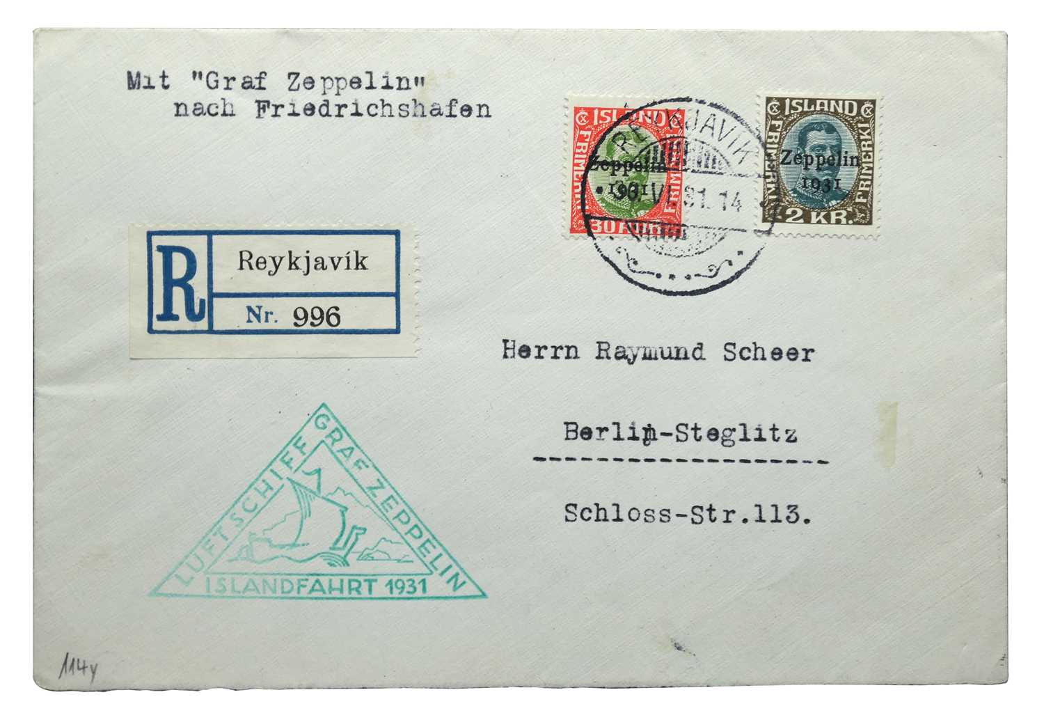 Stamps: A Scarce 1931 Registered 'Graf Zeppelin' Cover, from Iceland addressed to Berlin, plus a - Image 2 of 6