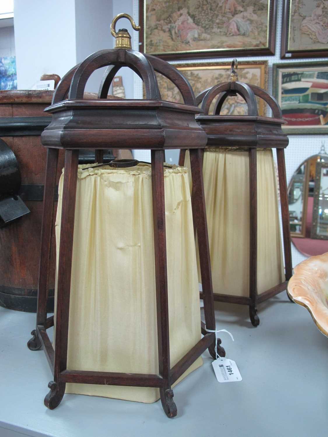 Pair of Mahogany Hexagonal Framed Hanging Light Shades (one damages), with gold fabric lining and