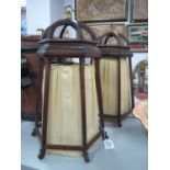 Pair of Mahogany Hexagonal Framed Hanging Light Shades (one damages), with gold fabric lining and