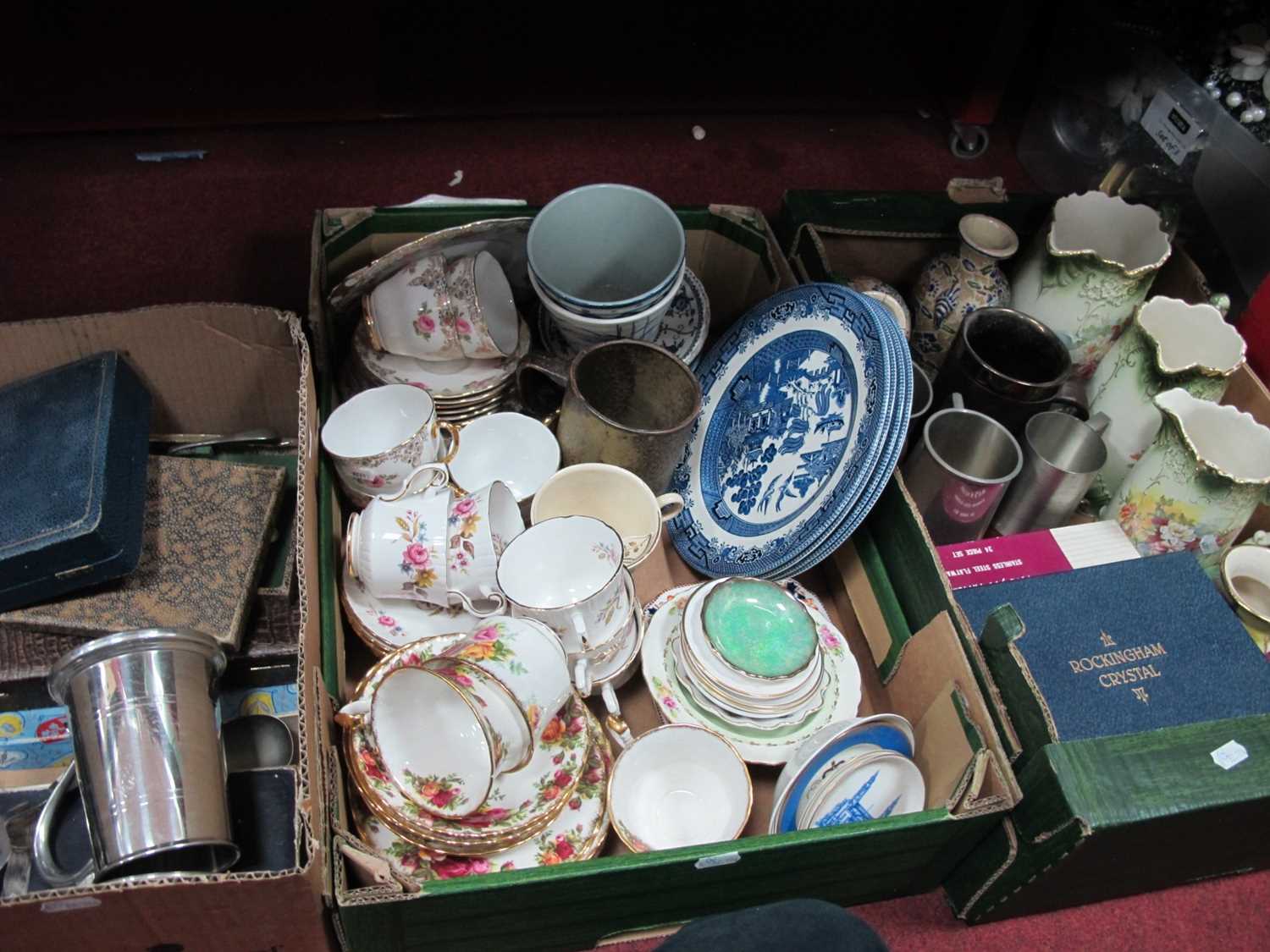 Teaware, three graduated jugs, Oriental vases, tankards, flatware, etc:- Three Boxes.
