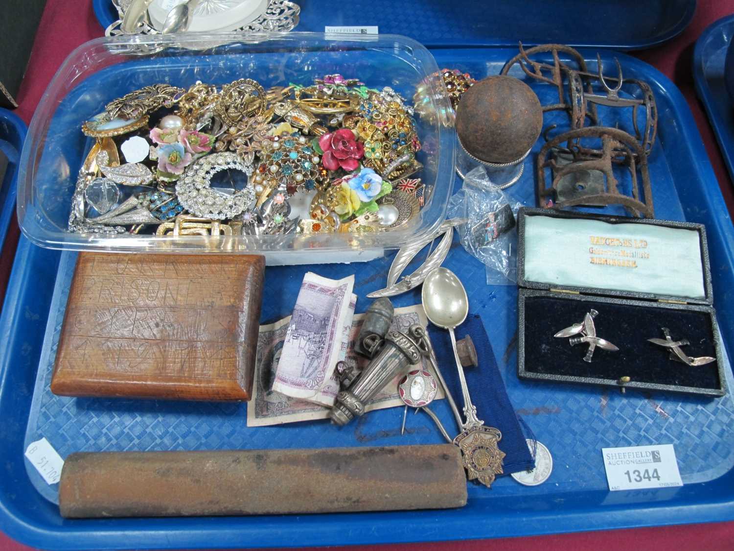 Costume Jewellery, XIX Century buckles, Turkish prisoners Cyprus 1917 box, Kukri knife, cuff