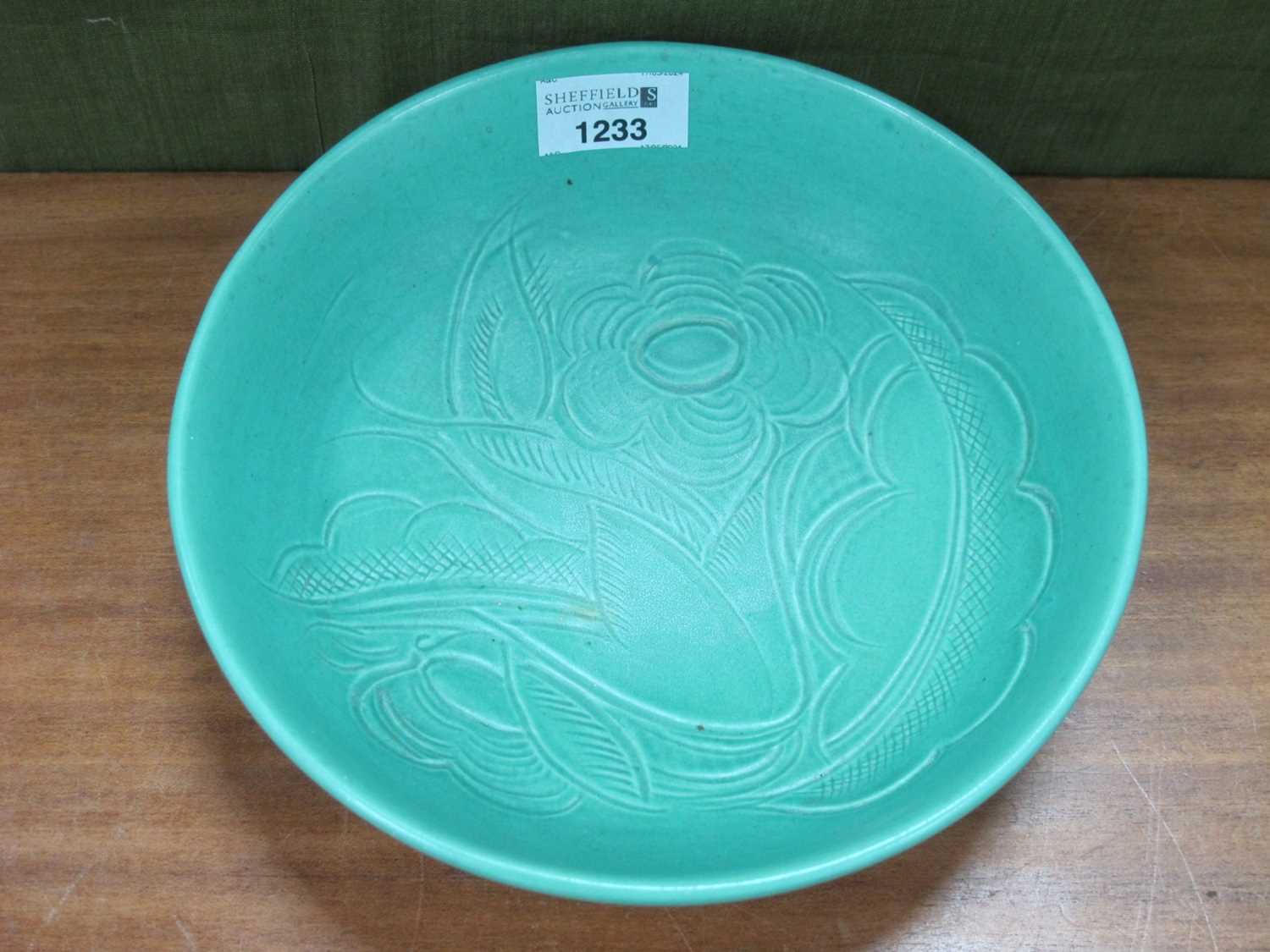 Susie Cooper 1930's Green Pottery Bowl, with incised foliate decoration, on four feet, impressed