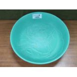 Susie Cooper 1930's Green Pottery Bowl, with incised foliate decoration, on four feet, impressed