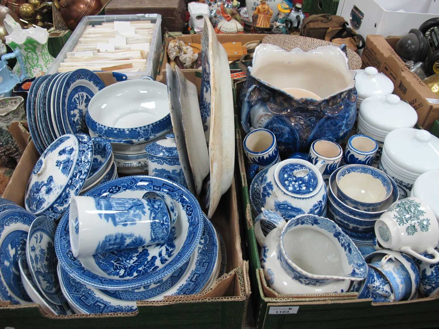 Willow Pattern Pottery, including Fenton, Burleigh, Whieldon, etc:- Two Boxes