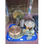 Brass Table Gong and Beater, copper kettle, other metalware, wooden military tankards:- One Tray