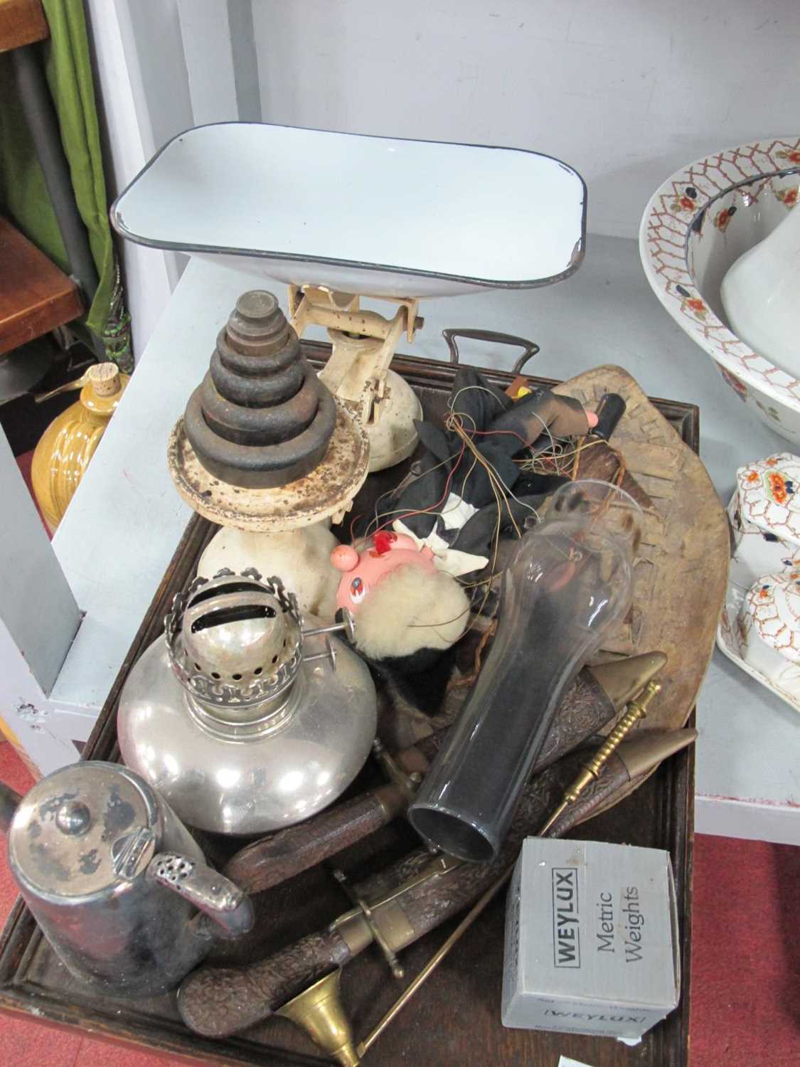 Scales and Weights. Pelham puppet, oil lamp, mini zulu shield, Indian sheathed cutlery, etc:- One