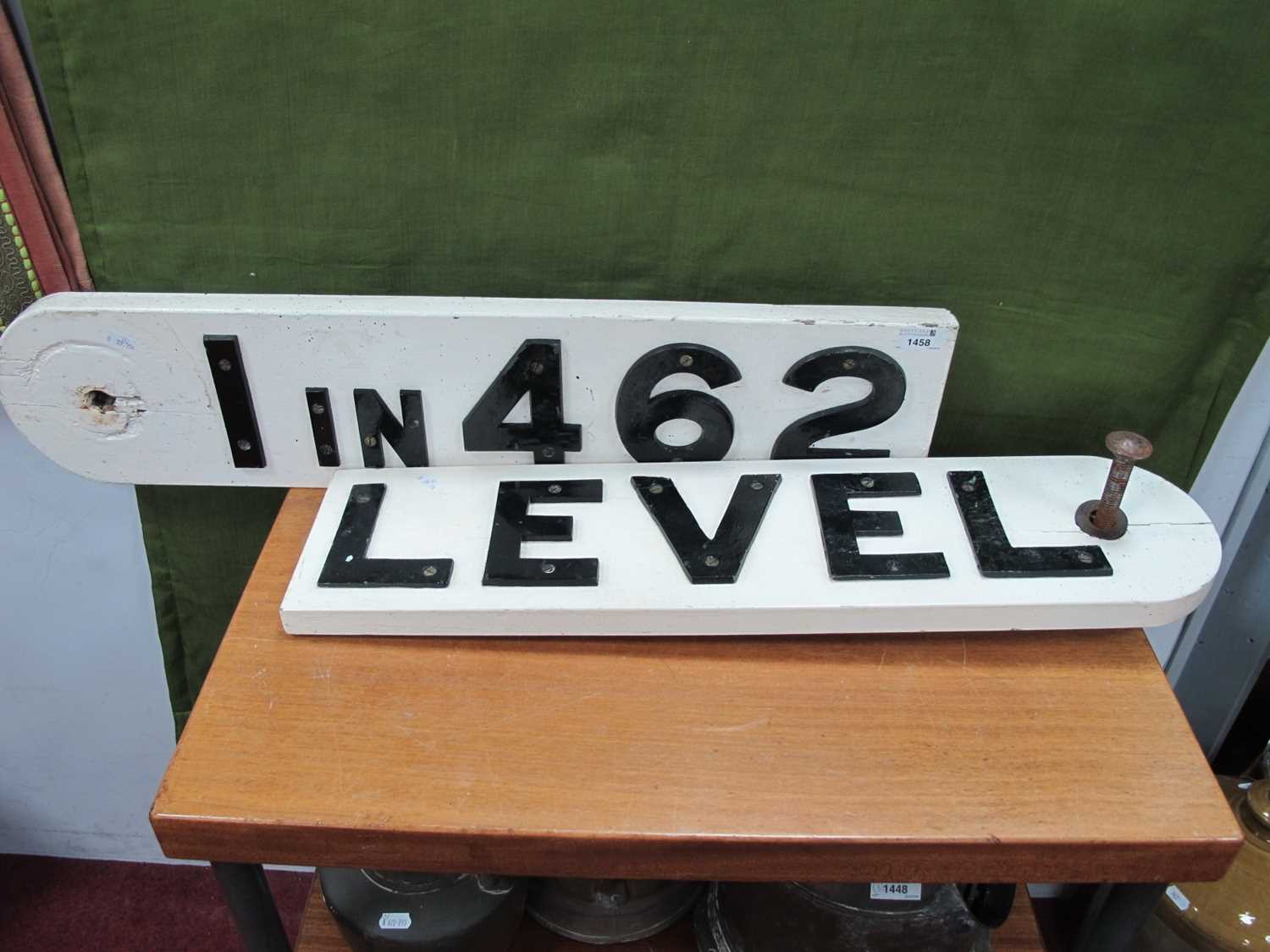 A Mid XX Century Railway Lineside Wooden 'Level 1 in 462' Sign, in two sections with original bolt.