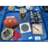 Lustiania Medal, brass money box, two pairs of opera glasses, buckle, mini mummy, etc:- One Tray.