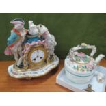 XIX Century French Porcelain Mantel Clock, decorated with two figures, central dial (damaged),