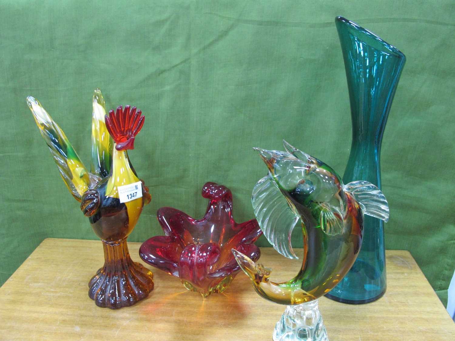 Murano Style Glass Cockerel, 30cm high and fish. Czech mid XX Century ruby and amber glass vase,