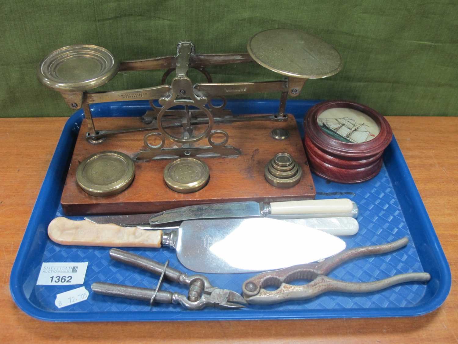 G Waterston Brass Scales and Weights, ship box, cutlery, etc:- One Tray.