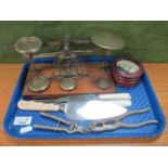 G Waterston Brass Scales and Weights, ship box, cutlery, etc:- One Tray.