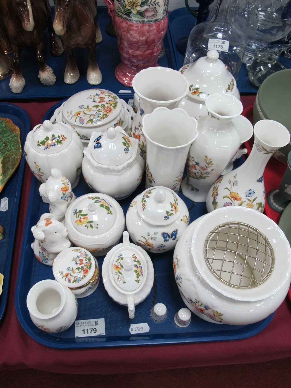 Aynsley 'Cottage Garden' Rose Bowl, vases, lidded pot, trinkets, etc:- One Tray