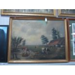 XX Century Continental Scene, Farmyard with farmer milking a cow, oil on canvas, signed lower