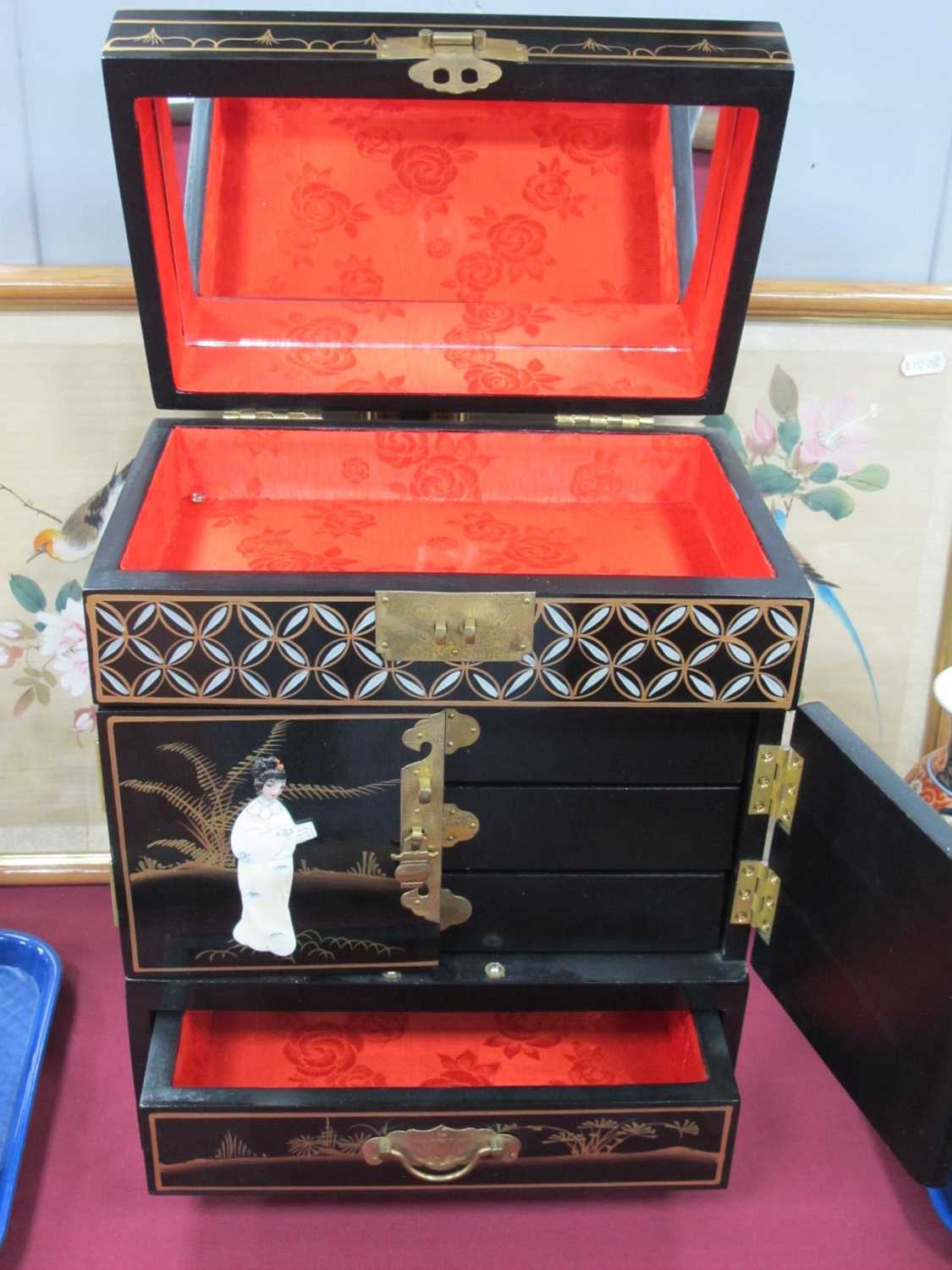 Japanese Lacquered Jewellery Cabinet, with applied figures, 31.5cm wide.