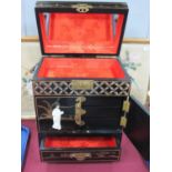 Japanese Lacquered Jewellery Cabinet, with applied figures, 31.5cm wide.