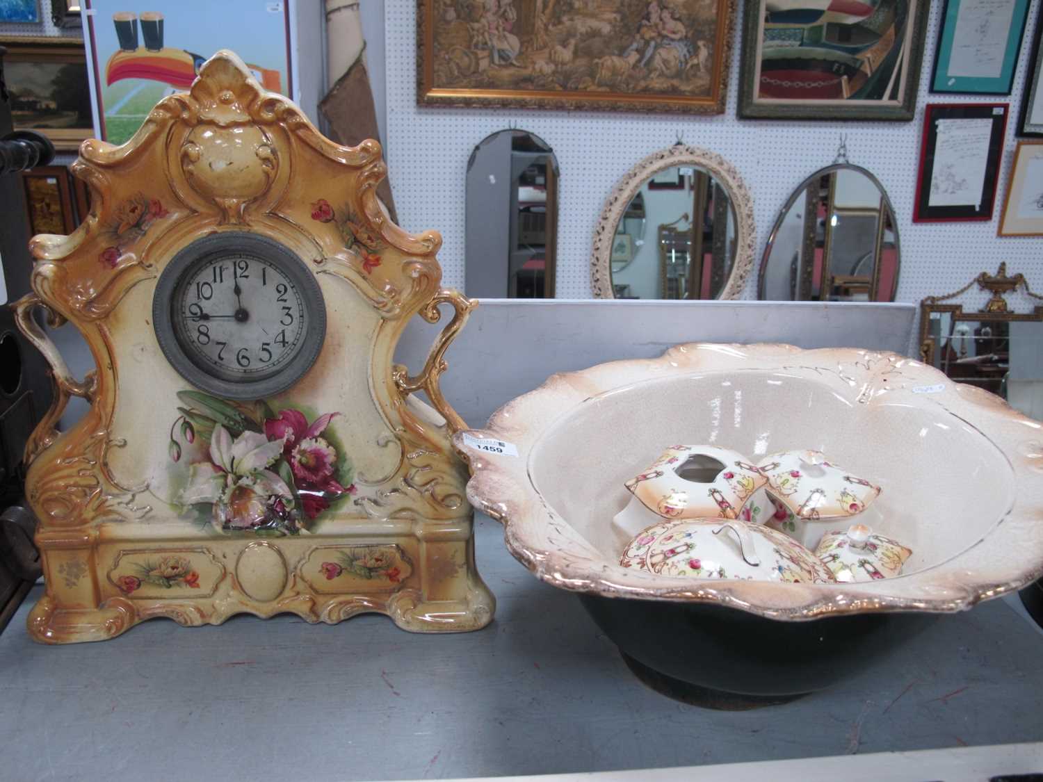 Early XX Century Pottery Cased Mantle Clock, Wash bowl, trinkets.