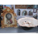 Early XX Century Pottery Cased Mantle Clock, Wash bowl, trinkets.