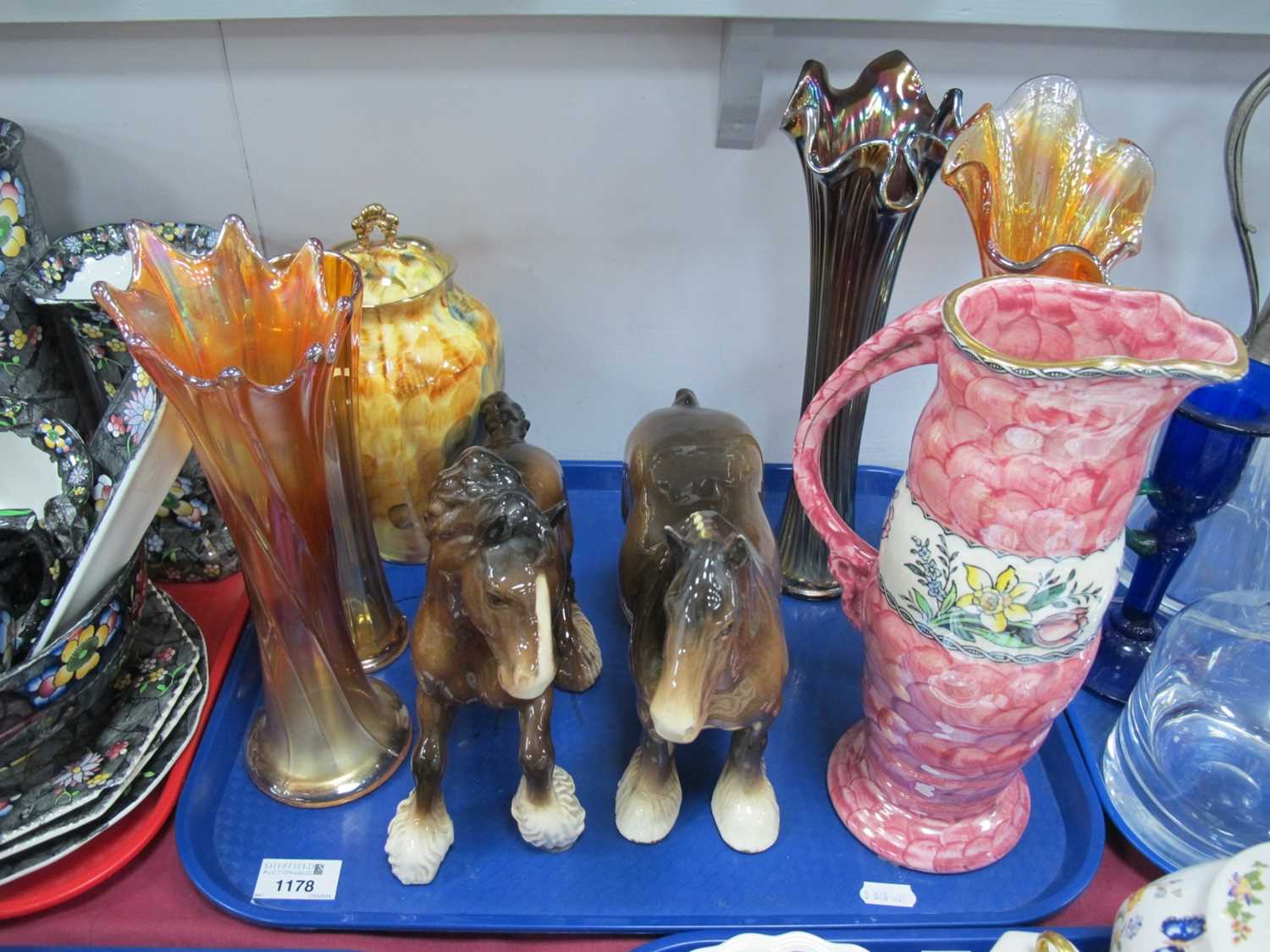 Two Beswick Shire Horses, Maling lustre vase, Carnival glass vases, etc:- One Tray.