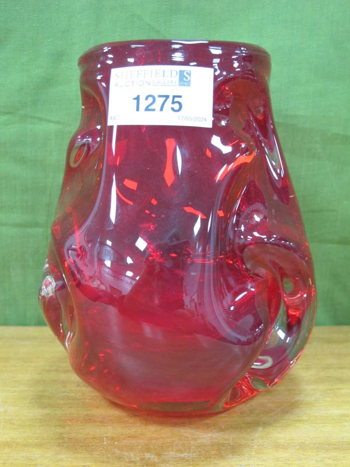 Whitefriars Ruby Red Squat Glass Vase, with wavy knobbly body, 14.5cm high.